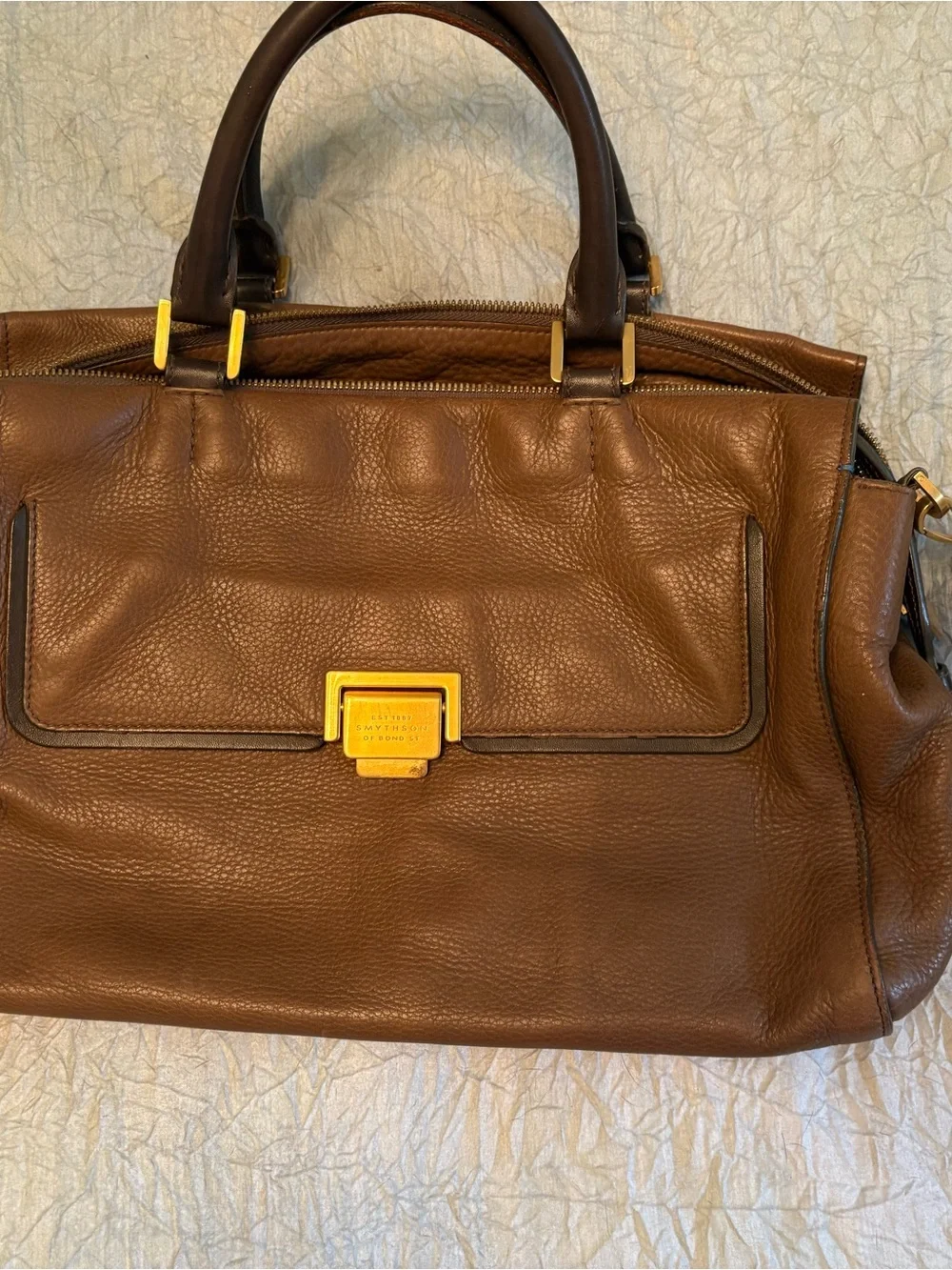 Smythson Brown Leather Shoulder Bag with Gold Hardware
